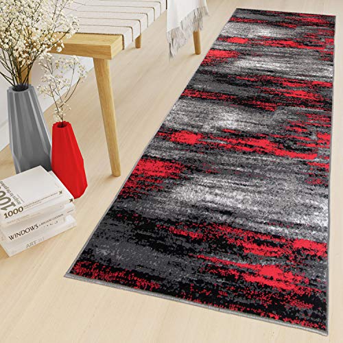 TAPISO Maya Teppich Läufer Meterware Kurzflor Wohnzimmer Flur Küche Modern Brücke Grau Rot Schwarz Verwischt Meliert Design ÖKOTEX 70 x 360 cm von TAPISO
