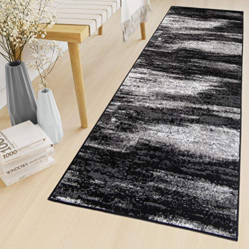 TAPISO Maya Teppich Läufer Meterware Kurzflor Wohnzimmer Flur Küche Modern Brücke Grau Weiß Schwarz Verwischt Meliert Design ÖKOTEX 100 x 270 cm von TAPISO