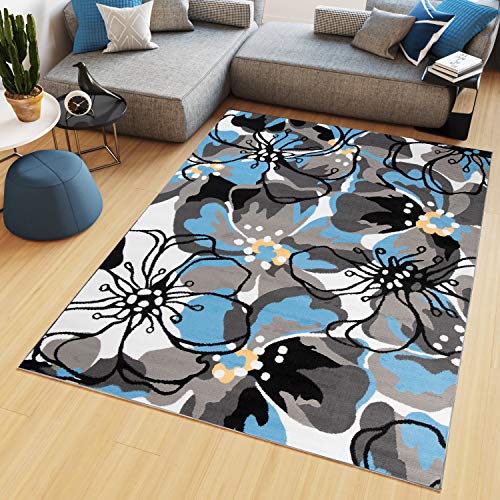 TAPISO Maya Teppich Wohnzimmer Kurzflor Modern Floral Blumen Design Schwarz Grau Blau Weiß Schlafzimmer Kinderzimmer ÖKOTEX 80 x 150 cm von TAPISO