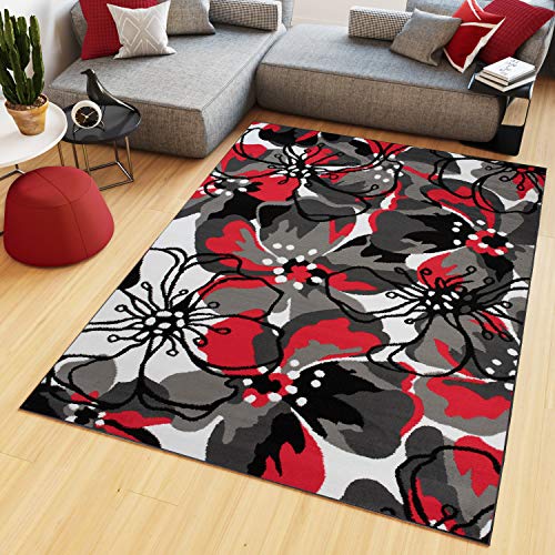TAPISO Maya Teppich Wohnzimmer Kurzflor Modern Floral Blumen Design Schwarz Grau Rot Weiß Schlafzimmer Kinderzimmer ÖKOTEX 458947 80 x 150 cm von TAPISO