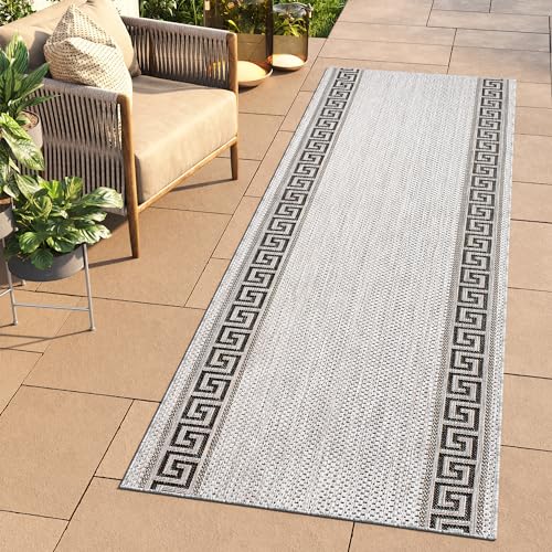 TAPISO Melissa Teppich Läufer Flur Outdoor Indoor Grau Schwarz Griechisch Mäander UV-beständig Wetterfest Terrasse Wohnzimme ÖKO-TEX 70 x 130 cm von TAPISO