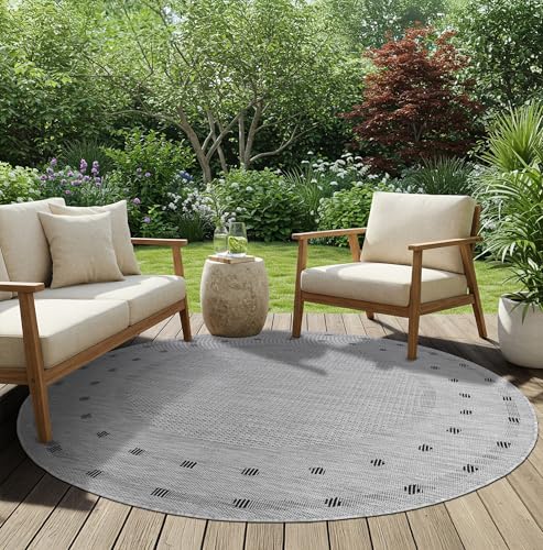 TAPISO Melissa Rund Teppich Outdoor Grau Schwarz Griechisch Flachgewebe Indoor Wohnzimmer Küche Flur Balkon Terrasse Sisal Wetterfest ÖKO-TEX 140 x 140 cm von TAPISO