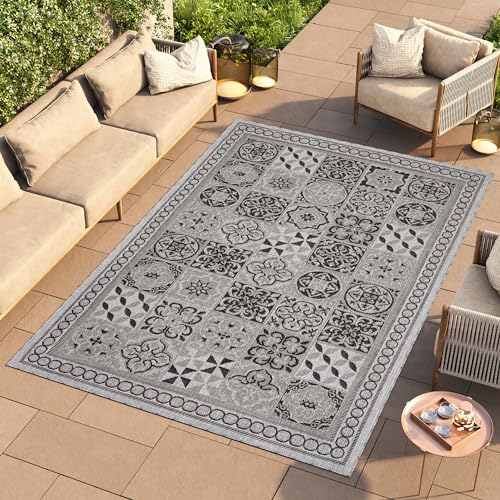 TAPISO Melissa Teppich Outdoor Grau Schwarz Mosaik Indoor Küche Flur Wohnzimmer Schlafzimmer Balkon Terrasse Kurzflor Flachgewebe ÖKO-TEX 120 x 170 cm von TAPISO