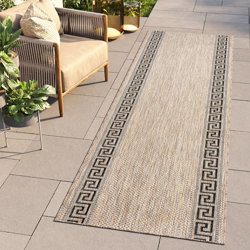 TAPISO Melissa Teppich Läufer Flur Outdoor Indoor Braun Schwarz Griechisch Mäander UV-beständig Wetterfest Terrasse Wohnzimme ÖKO-TEX 70 x 140 cm von TAPISO