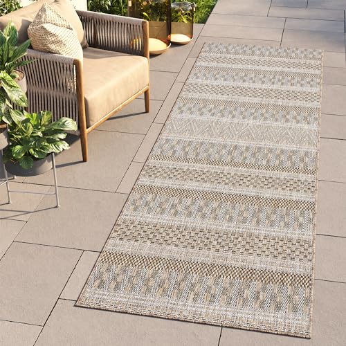 TAPISO Melissa Teppich Läufer Flur Outdoor Indoor Braun Schwarz Modern Muster UV-beständig Wetterfest Balkon Terrasse Wohnzimmer ÖKO-TEX 80 x 350 cm von TAPISO