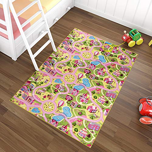 TAPISO Nino Teppich Kurzflor Kinderteppich Kinderzimmer Grün Gelb Rosa Bunt Multicolor Modern Stadt Straße Spielteppich Dorf Design 200 x 250 cm von TAPISO