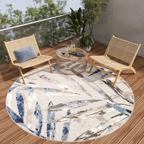 TAPISO Patio Rund Teppich Indoor Outdoor Grau Blau Creme Blätter Sisal Optik Strapazierfähig Flachgewebe Terrasse Wohnzimmer Balkon ÖKO-TEX 80 x 80 cm von TAPISO