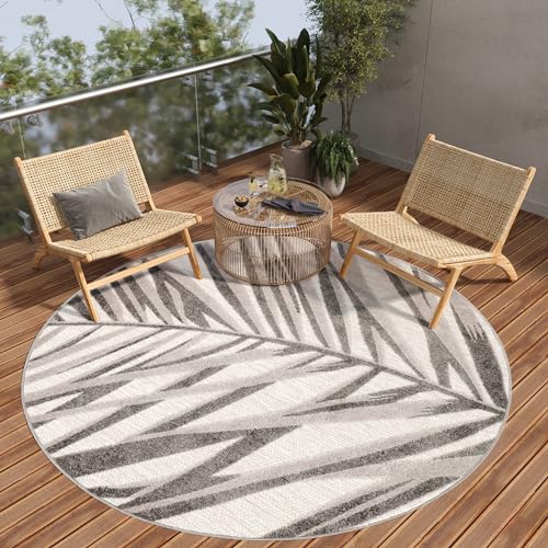 TAPISO Patio Rund Teppich Outdoor Indoor Beige Grau Creme Blätter Sisaloptik Strapazierfähig Wetterfest UV-Beständig Wohnzimmer ÖKO-TEX 100 x 100 cm von TAPISO