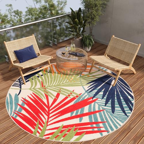 TAPISO Patio Rund Teppich Outdoor Indoor Creme Mehrfarbig Blätter Wetterfest Sisaloptik Strapazierfähig Wohnzimmer Terrasse Balkon ÖKO-TEX 100 x 100 cm von TAPISO