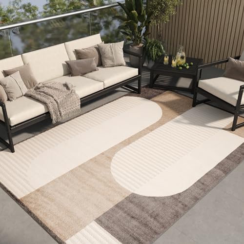 TAPISO Patio Teppich Flachgewebe Indoor Outdoor Creme Beige Dunkelbraun Modern Figuren Sisaloptik Wasserfest Wohnzimmer Terrasse ÖKO-TEX 140 x 200 cm von TAPISO