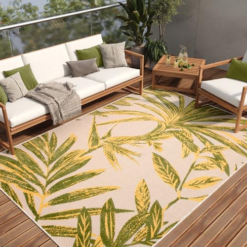 TAPISO Patio Teppich Flachgewebe Indoor Outdoor Creme Grün Gelb Blätter Robust Sisaloptik Wetterfest Wohnzimmer Terrasse Balkon ÖKO-TEX 200 x 300 cm von TAPISO