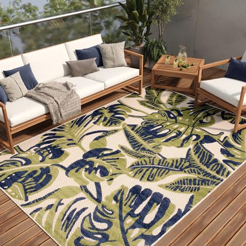 TAPISO Patio Teppich Flachgewebe Outdoor Indoor Grün Creme Schwarz Palmenblätter Wetterfest Strapazierfähig Wohnzimmer Terrasse ÖKO-TEX 160 x 220 cm von TAPISO