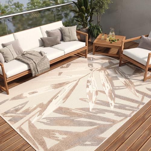 TAPISO Patio Teppich Indoor Outdoor Creme Beige Blätter Sisal Optik Strapazierfähig Wetterfest Flachgewebe Terrasse Wohnzimmer ÖKO-TEX 140 x 200 cm von TAPISO