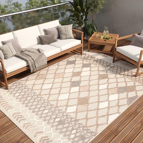 TAPISO Patio Teppich Indoor Outdoor Creme Beige Grau Marokkanisch Ethno Boho Design Wetterfest Flachgewebe Terrasse Wohnzimmer ÖKO-TEX 80 x 150 cm von TAPISO