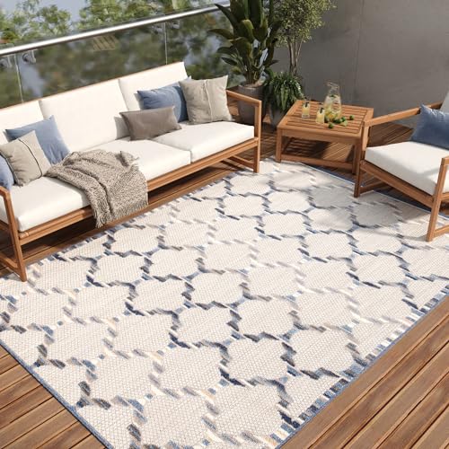 TAPISO Patio Teppich Indoor Outdoor Grau Beige Blau Marokkanisch Design Sisaloptik Wetterfest UV-beständig Terrasse Wohnzimmer ÖKO-TEX 160 x 220 cm von TAPISO