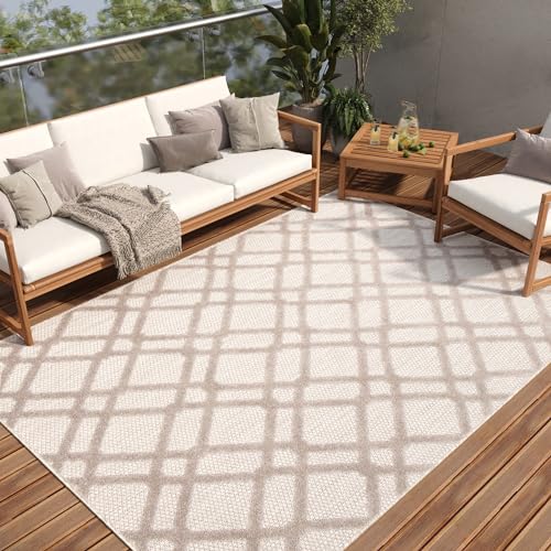 TAPISO Patio Teppich Indoor Outdoor Grau Beige Karo Muster Flachgewebe Sisaloptik Robust Wetterfest Terrasse Wohnzimmer Balkon ÖKO-TEX 80 x 150 cm von TAPISO
