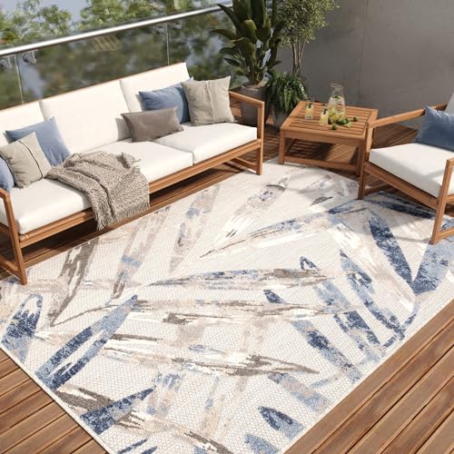 TAPISO Patio Teppich Indoor Outdoor Grau Blau Creme Blätter Sisal Optik Strapazierfähig Flachgewebe Terrasse Wohnzimmer Balkon ÖKO-TEX 200 x 300 cm von TAPISO