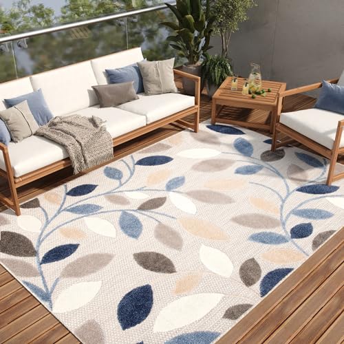 TAPISO Patio Teppich Indoor Outdoor Grau Mehrfarbig Blätter Sisaloptik Strapazierfähig Wetterfest Flachgewebe Terrasse Wohnzimmer ÖKO-TEX 140 x 200 cm von TAPISO