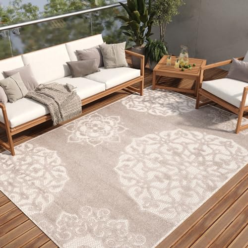 TAPISO Patio Teppich Outdoor Indoor Beige Grau Blumen Ornament Sisaloptik Strapazierfähig Wasserfest Wetterfest Küche Wohnzimmer ÖKO-TEX 140 x 200 cm von TAPISO