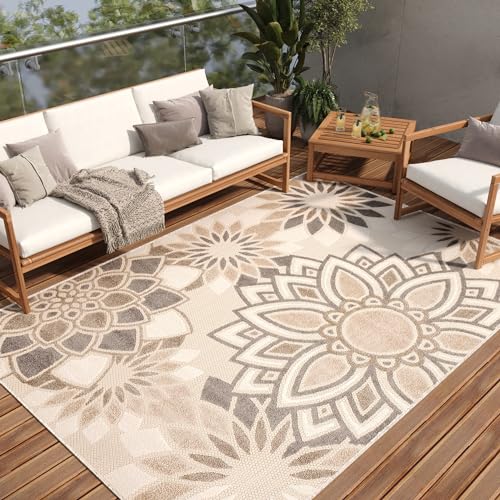 TAPISO Patio Teppich Outdoor Indoor Creme Beige Braun Grau Modern Blumen Strapazierfähig Wetterfest Sisaloptik Wohnzimmer TerrasseÖKO-TEX 160 x 220 cm von TAPISO