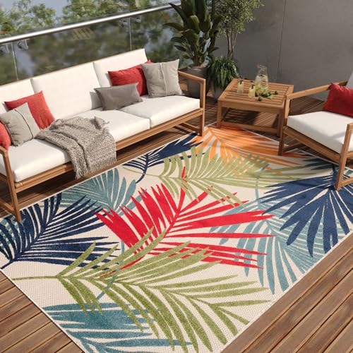 TAPISO Patio Teppich Outdoor Indoor Creme Mehrfarbig Blätter Wetterfest Sisaloptik Strapazierfähig Wohnzimmer Terrasse Balkon ÖKO-TEX 200 x 300 cm von TAPISO