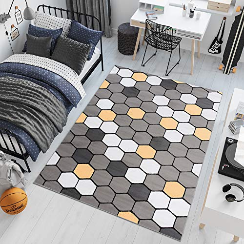 TAPISO Pinky Teppich Kurzflor Grau Weiß Gelb Modern Geometrisch Figuren Design Jugendzimmer Kinderzimmer Wohnzimmer ÖKOTEX 180 x 250 cm von TAPISO