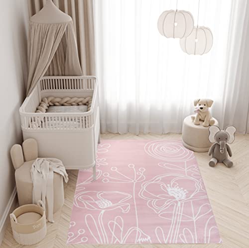 TAPISO Pinky Teppich Kurzflor Kinderteppich Kinderzimmer Pink Rosa Weiß Pastellfarben Modern Blumen Floral Spielteppich ÖKOTEX 160 x 220 cm von TAPISO