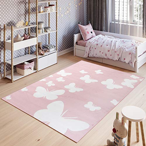 TAPISO Pinky Teppich Kurzflor Kinderteppich Kinderzimmer Pink Rosa Weiß Pastellfarben Modern Schmetterling Spielteppich ÖKOTEX 120 x 170 cm von TAPISO