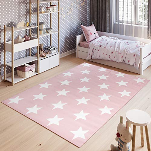 TAPISO Pinky Teppich Kurzflor Kinderteppich Kinderzimmer Rosa Weiß Pastellfarben Modern Geometrisch Stern Spielteppich ÖKOTEX 120 x 170 cm von TAPISO