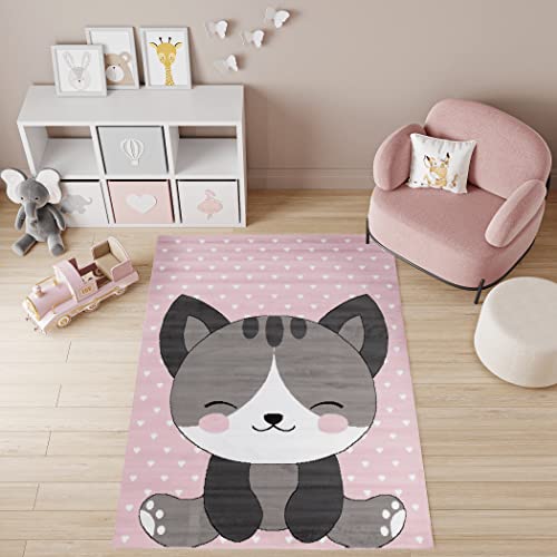 TAPISO Pinky Teppich Kurzflor Pink Weiß Grau Modern Katze Niedlich Herzen Design Kinderzimmer Kinderteppich Spielteppich ÖKOTEX 80 x 150 cm von TAPISO