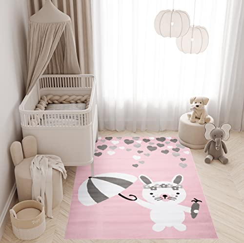 TAPISO Pinky Teppich Kurzflor Rosa Weiß Grau Modern Hase Regenschirm Herzen Design Kinderzimmer Kinderteppich Spielteppich ÖKOTEX 80 x 150 cm von TAPISO