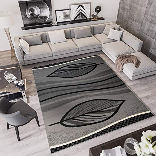 TAPISO Qmega Teppich Kurzflor Grau Schwarz Streifen Blatt Abstrakt Muster Designer Modern Wohnzimmer Schlafzimmer ÖKO-TEX 180 x 250 cm von TAPISO