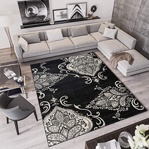 TAPISO Qmega Teppich Kurzflor Meliert Schwarz Creme Floral Blumen Vintage Muster Designer Modern Wohnzimmer Schlafzimmer ÖKO-TEX 140 x 200 cm von TAPISO