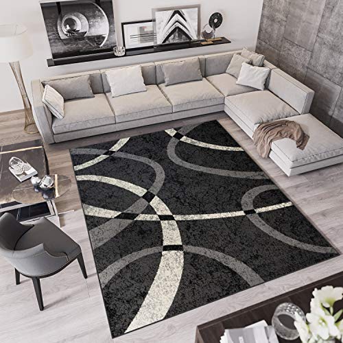 TAPISO Qmega Teppich Kurzflor Schwarz Grau Creme Abstrakt Streifen Linien Kreise Muster Designer Modern Wohnzimmer Schlafzimmer ÖKO-TEX 180 x 250 cm von TAPISO