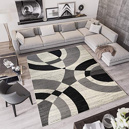 TAPISO Qmega Teppich Kurzflor Meliert Grau Creme Schwarz Kreise Wellen Abstrakt Muster Designer Modern Wohnzimmer Schlafzimmer ÖKO-TEX 300 x 400 cm von TAPISO