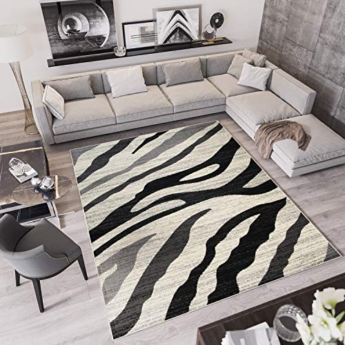 TAPISO Qmega Teppich Kurzflor Meliert Grau Creme Schwarz Zebra Streifen Muster Designer Modern Wohnzimmer Schlafzimmer ÖKO-TEX 180 x 250 cm von TAPISO