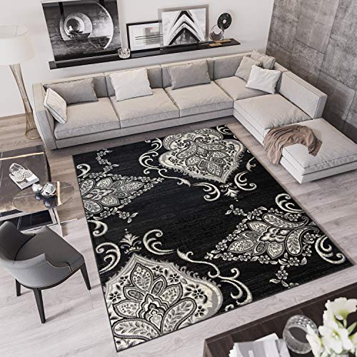 TAPISO Qmega Teppich Kurzflor Meliert Schwarz Creme Floral Blumen Vintage Muster Designer Modern Wohnzimmer Schlafzimmer ÖKO-TEX 300 x 400 cm von TAPISO