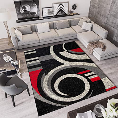 TAPISO Qmega Teppich Kurzflor Meliert Schwarz Grau Rot Creme Abstrakt Streifen Wirbel Muster Designer Modern Wohnzimmer Schlafzimmer ÖKO-TEX 120 x 170 cm von TAPISO
