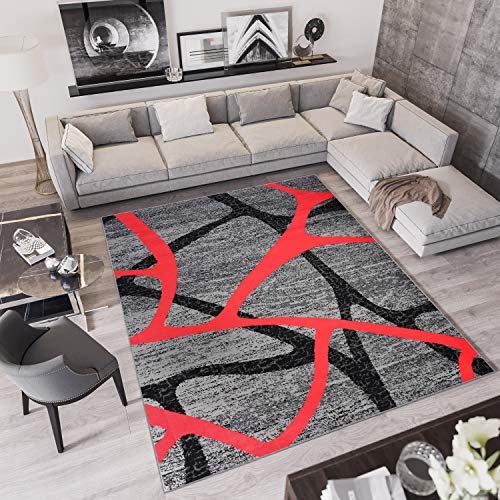 TAPISO Qmega Teppich Kurzflor Meliert Schwarz Grau Rot Streifen Linien Abstrakt Design Modern Wohnzimmer Schlafzimmer ÖKO-TEX 250 x 300 cm von TAPISO