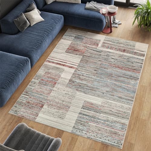 TAPISO Retro Teppich Kurzflor Modern Rostbraun Grau Blau Abstrakt Streifen Figuren Verwischt Meliert Wohnzimmer Schlafzimmer ÖKO-TEX 80 x 150 cm von TAPISO