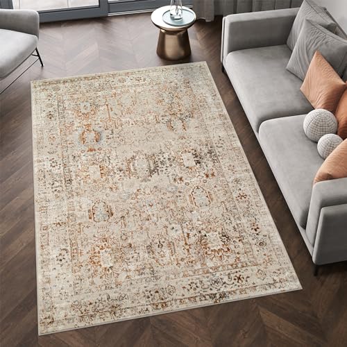 TAPISO Retro Teppich Kurzflor Vintage Beige Blau Rostbraun Bordüre Rahmen Rosette Meliert Klassisch Wohnzimmer Schlafzimmer ÖKO-TEX 120 x 170 cm von TAPISO