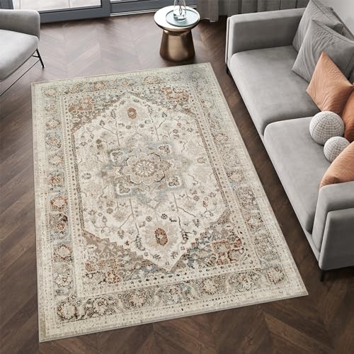 TAPISO Retro Teppich Kurzflor Vintage Beige Blau Weiss Braun Bordüre Rahmen Meliert Klassisch Ornament Wohnzimmer Schlafzimmer ÖKO-TEX 200 x 300 cm von TAPISO