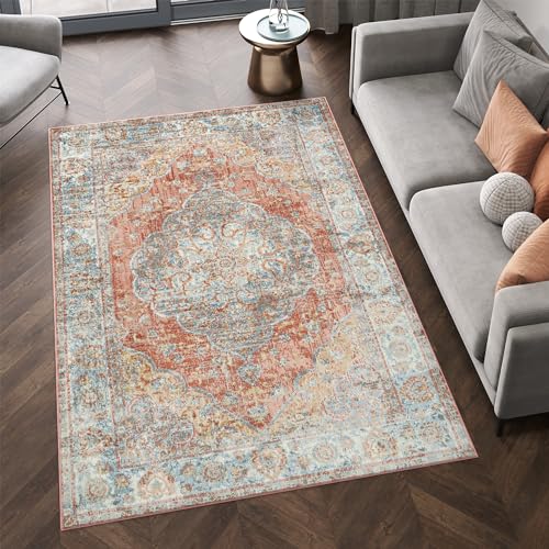 TAPISO Retro Teppich Kurzflor Vintage Rostbraun Blau Grau Rosette Bordüre Rahmen Klassisch Wohnzimmer Schlafzimmer ÖKO-TEX 140 x 200 cm von TAPISO