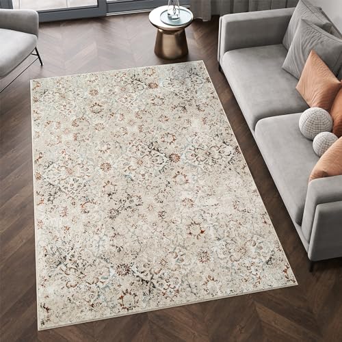 TAPISO Retro Teppich Kurzflor Weiss Beige Blau Grau Vintage Klassisch Floral Ornament Meliert Wohnzimmer Schlafzimmer ÖKO-TEX 140 x 200 cm von TAPISO