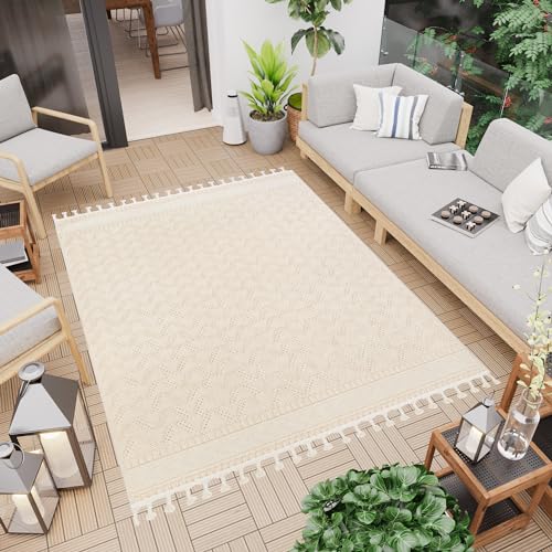 TAPISO Rio Loop Teppich Outdoorteppich mit Fransen Geometrisch Ethno Muster Viereck Beige Creme Terasse Balkon Wintergarten 80 x 150 cm von TAPISO