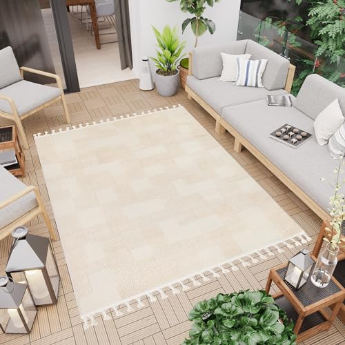 TAPISO Rio Loop Teppich Outdoorteppich mit Fransen Schachbrett Geometrisch Muster Beige Creme Terasse Balkon Wintergarten 200 x 300 cm von TAPISO