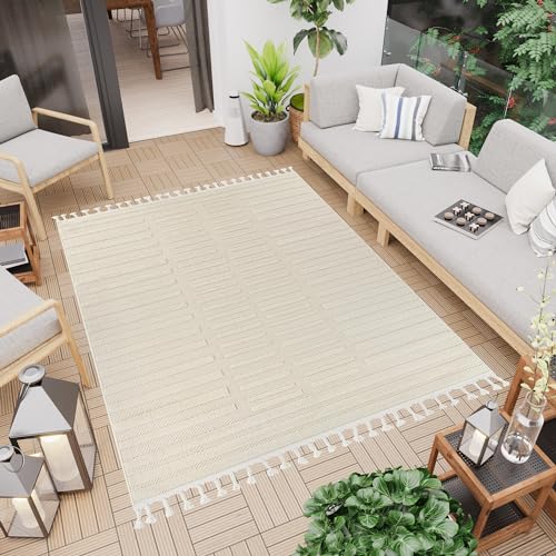 TAPISO Rio Loop Teppich Outdoorteppich mit Fransen Streifen Geometrisch Muster Beige Creme Terasse Balkon Wintergarten 140 x 200 cm von TAPISO