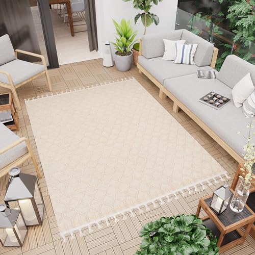 TAPISO Rio Loop Teppich Outdoorteppich mit Fransen Trellis Geometrisch Muster Beige Creme Terasse Balkon Wintergarten 200 x 300 cm von TAPISO