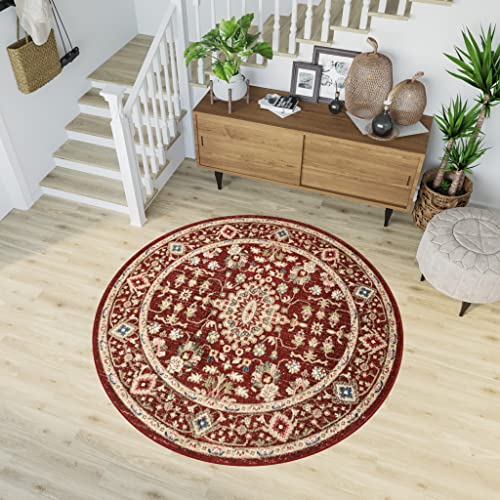 TAPISO Rivoli Rund Teppich Kurzflor Traditioneller Teppich Dunkelrot Beige Klassisch Rahmen Blumen Ornament Wohnzimmer Schlafzimmer Moder Design ÖKOTEX 100 x 100 cm von TAPISO