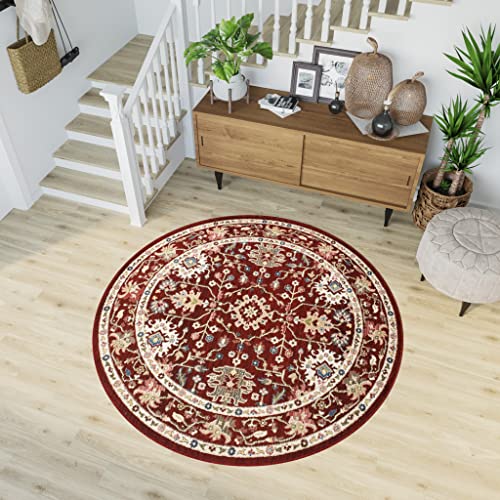 TAPISO Rivoli Rund Teppich Kurzflor Traditioneller Teppich Dunkelrot Klassisch Rahmen Blumen Ornament Wohnzimmer Schlafzimmer Moder Design ÖKOTEX 170 x 170 cm von TAPISO